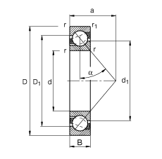 角接觸球軸承 7004-B-TVP, 接觸角 α = 40°
