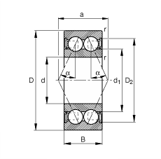 角接觸球軸承 3003-B-2RSR-TVH, 雙列，雙側(cè)唇密封，接觸角 α = 25°